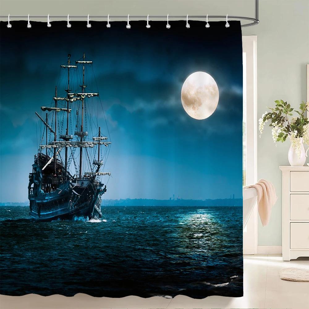 Old Pirate Ship Sea Shower Curtains 3D Printing Bath Curtain With 12 Hooks Bathroom Waterproof Polyester Cloth Bath Screen