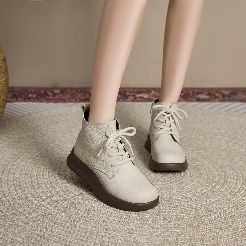 First-layer cowhide single leather Martin boots women's soft-soled soft-faced British retro casual shoes lace-up large-size short boots