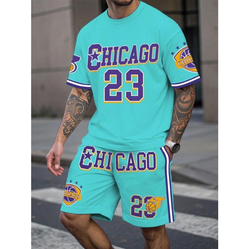 Men's Sports Short Sleeve Top Shorts Set Plus Size Breathable Basketball Sports Clothing Letter Print T-shirt Shorts 2-piece Set