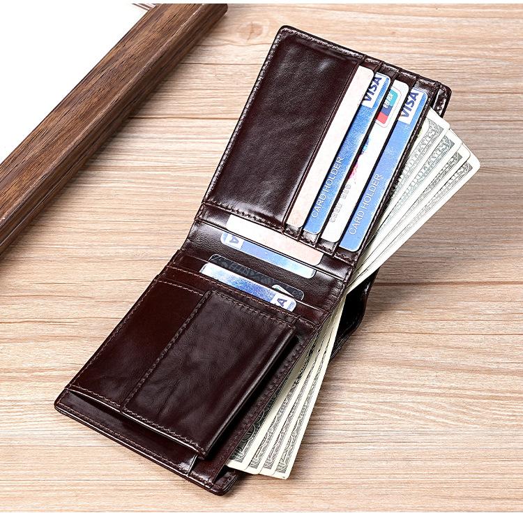 Genuine Leather Wallet Men RFID Blocking Oil Wax Cowhide Bifold Short Purse Large Capacity with Coin Pocket