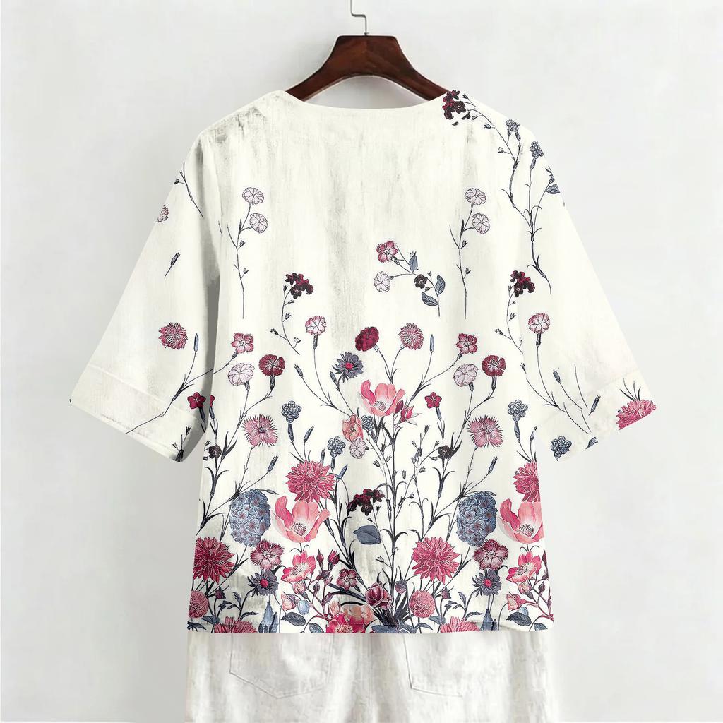 Women's Summer Fashion V-Neck 3/4 Sleeve Shirt Casual Loose-Fit Floral Print Top