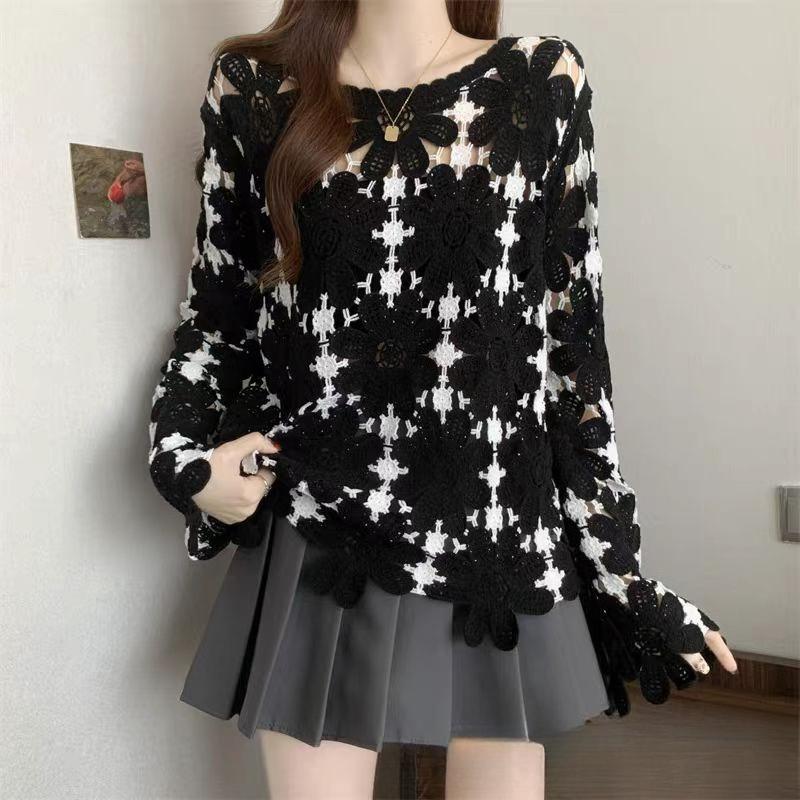 Bohemian Crochet Hollow Knit Sweater for Women Loose Color-Block Long-Sleeve Knit Pullover Top
