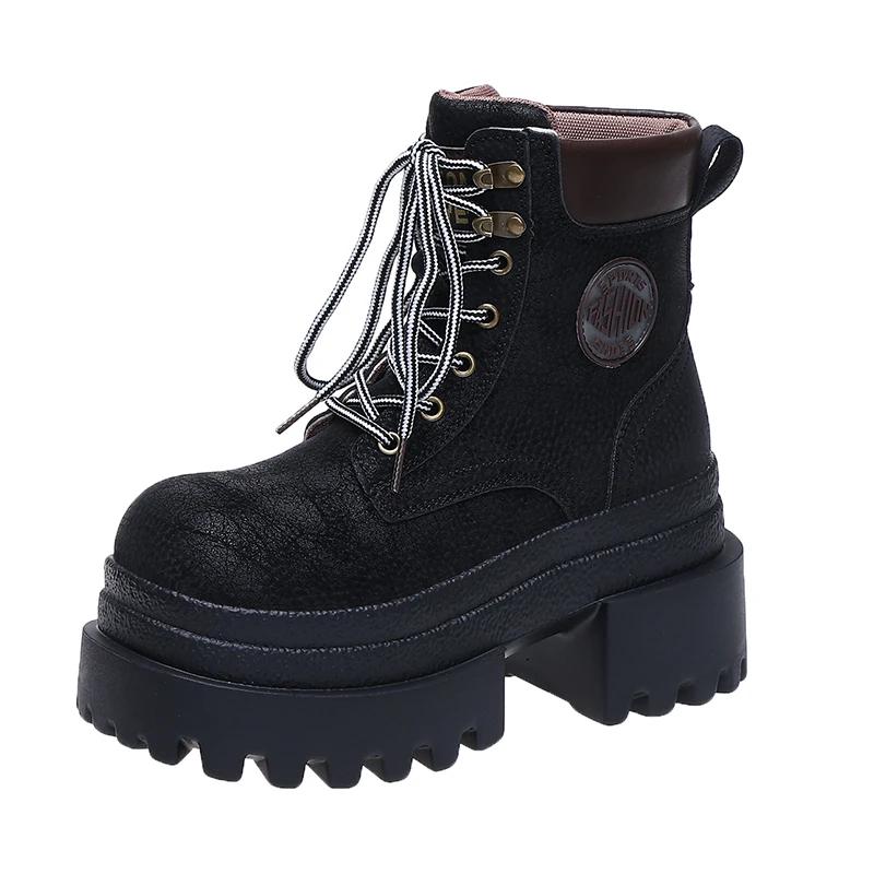 New 2025 Women's Ankle Boots Autumn Winter Punk Shoes High Platform Retro Chunky Boots Casual Leather Short Boots Bota Mujer 9CM