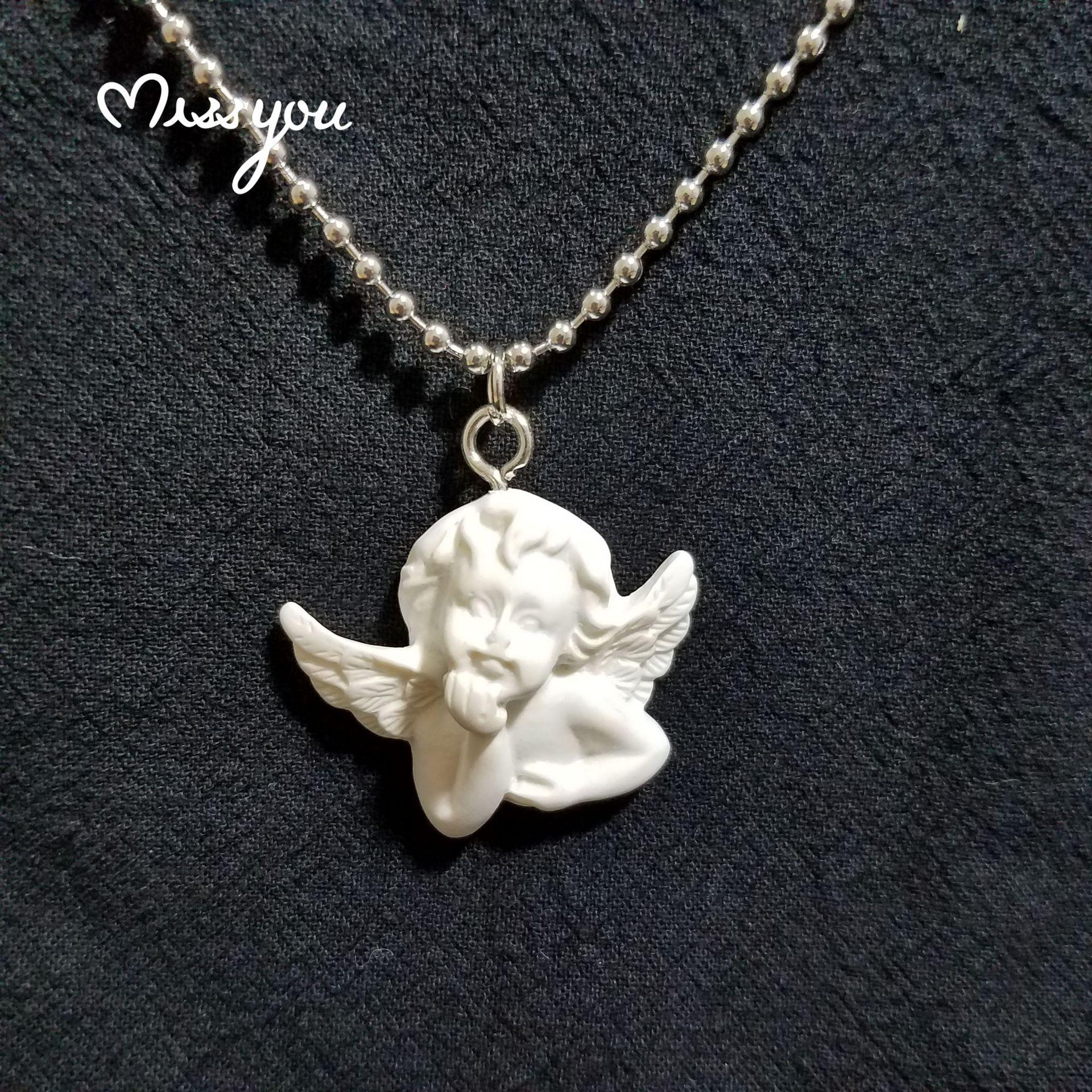 

Creative White Baroque Cupid Plaster Emotes Angel Pendant Stainless Steel Round Bead Chain Necklace for Men Women Couple Jewelry