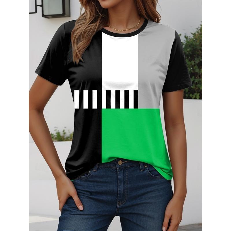 Women's T Shirt Graphic Geometric Vintage Stylish Modern Short Sleeve Crew Neck Regular Tops Daily Print Red Royal Blue Green Summer