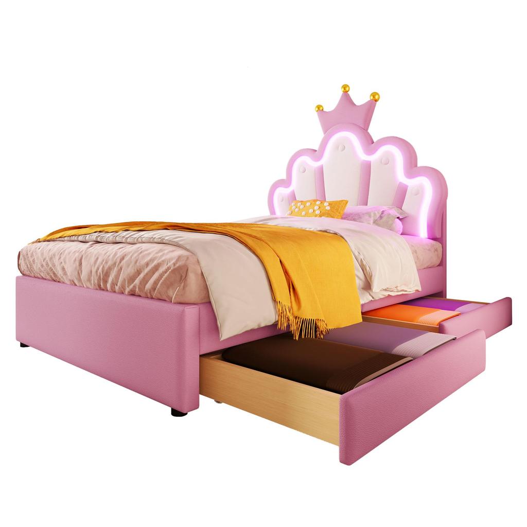 Children's Bed Girls Crown Single Bed with Adjustable Headboard, LED Strip, Slat Base and 2 Drawers, Made of PU Leather  (without Mattress), Pink
