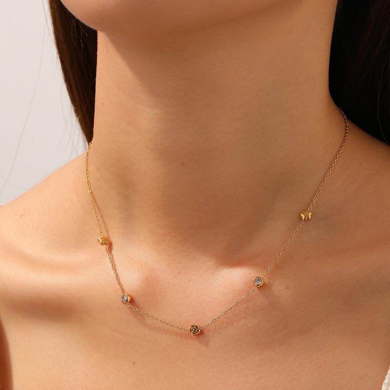 Gold Plated Rose Flower CZ Necklace, Dainty Link Chain with 3D Rose & Clear Zircon Pendants, Minimalist Floral Jewelry for Women Gift