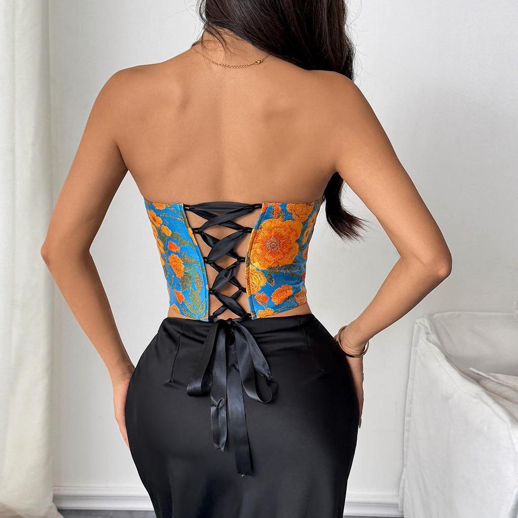 European and American style women's clothing French retro jacquard oil painting color fish bone slim vest lace-up corset women