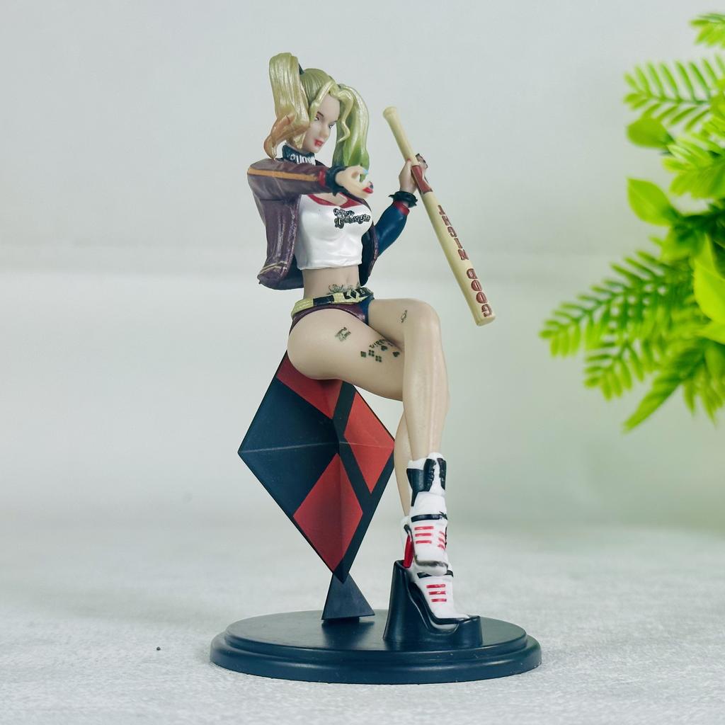 Harley Quinn Figure Birds of Prey Sitting Pose With Baseball Bat Anime Figurine Collectible Decor Leather Jacket Diamond Base
