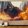 Wütender Orang-Utan Wandkunst Wandteppich Pfirsich Hellbeige Stoff Horizontales Wandbehang mit Lebendigen Flammen Stadtlandschaft Design