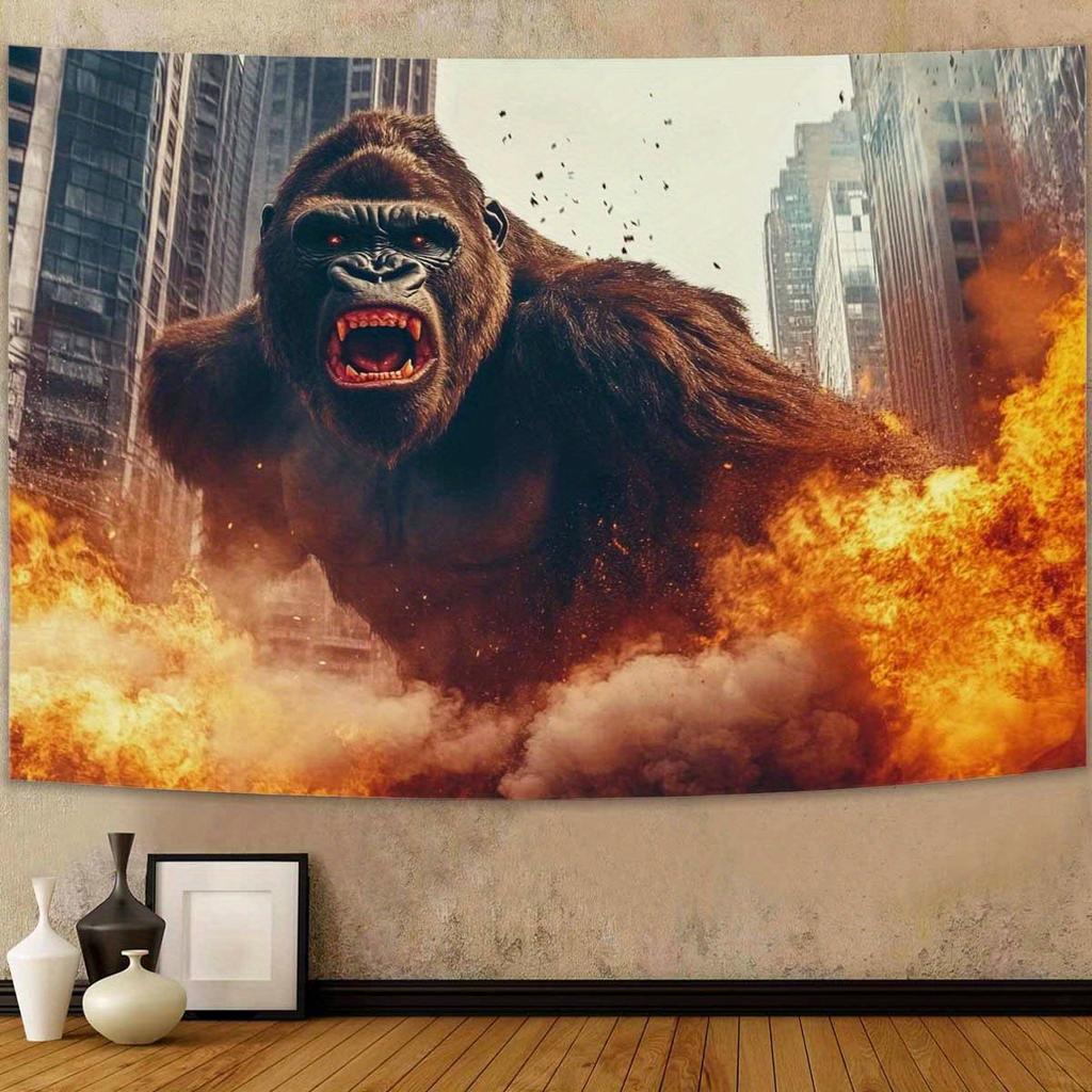 Angry Orangutan Wall Art Tapestry Peach Light Beige Fabric Horizontal Wall Hanging with Vibrant Flames Cityscape Design