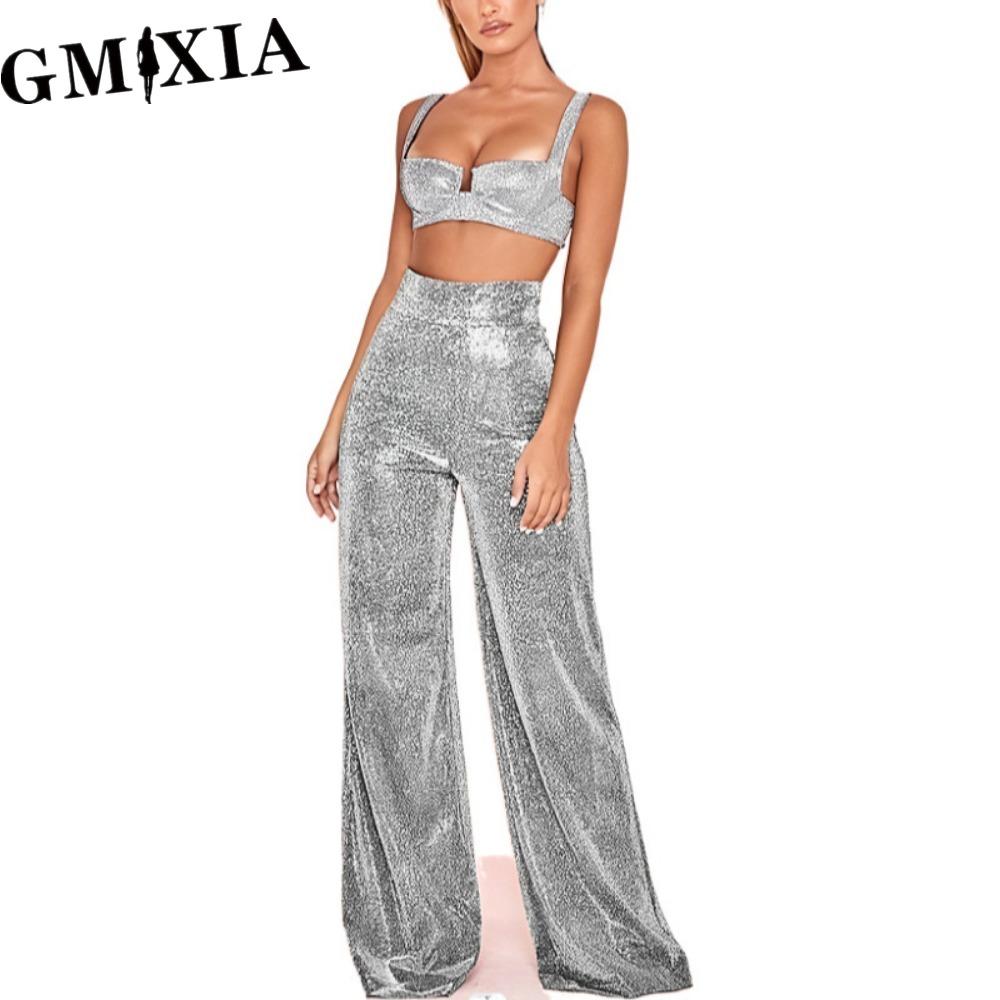 

Женские брюки GMXIA Блестящие однотонные Брюки с высокой талией Весна Осень Темперамент Свободные Прямые Брюки с широкими штанинами Повседневные брюки S серебряный