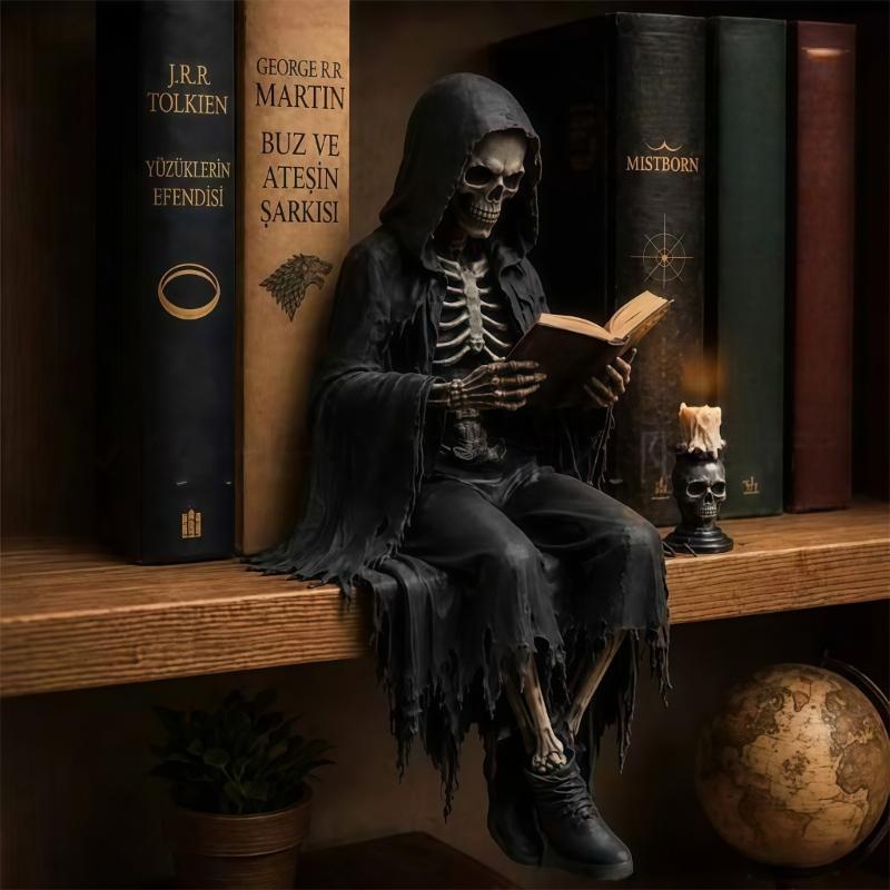 Open Book Reading Figurine Resin Shelf Sitter for Bookshelf Display, Dark Fantasy Statue for Desk Placement and Library Use