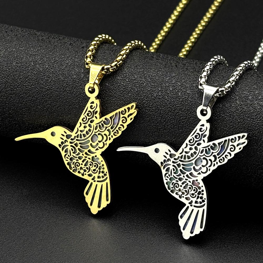 Hollow Hummingbird Imitation Abalone Shell Pendant Necklaces for Women Men Stainless Steel Gold Silver Color Bird Chain Jewelry