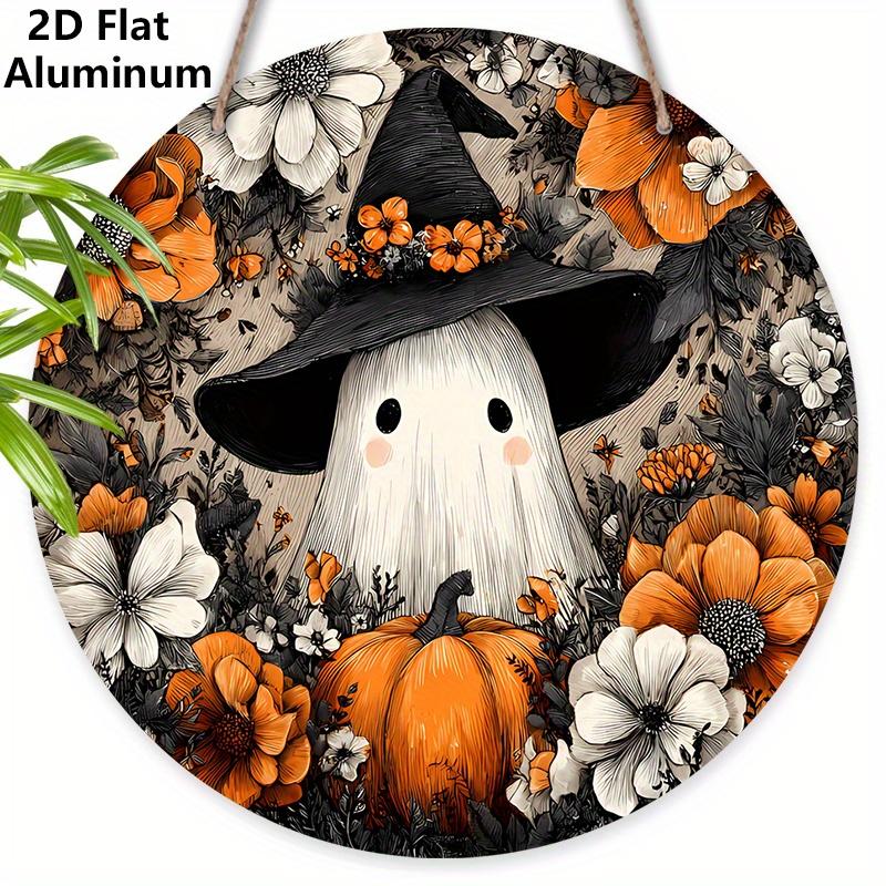 

2D Flat Aluminium Rustic Halloween Sign with Wizard Hat Ghost Pattern - Halloween Figurine Ornaments - Ideal for Front Door, Wall, Porch, Window 7.87×7.87inch
