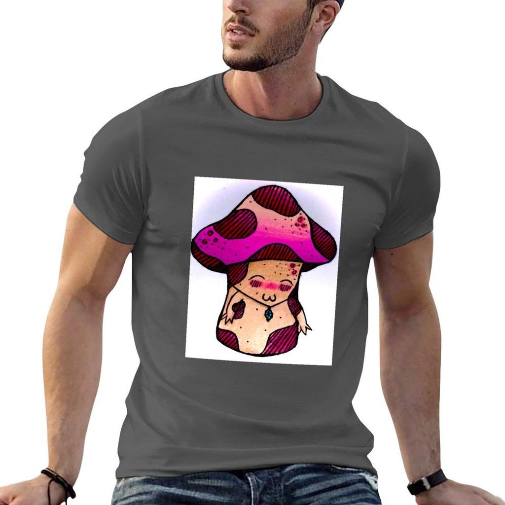 Unisexs Slim Fit Designer Soft Color Cotton Tee Mushroom Crystal Necklace Graphic