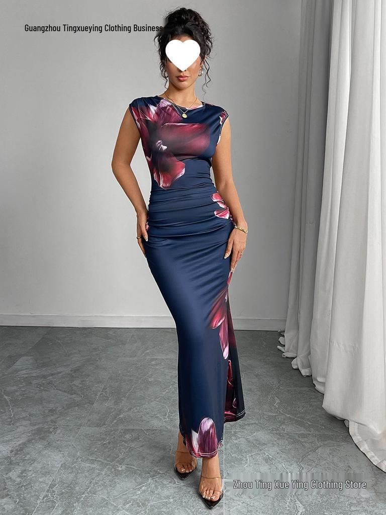 European & American Sleek Sleeveless Printed Bodycon Sheath Dress