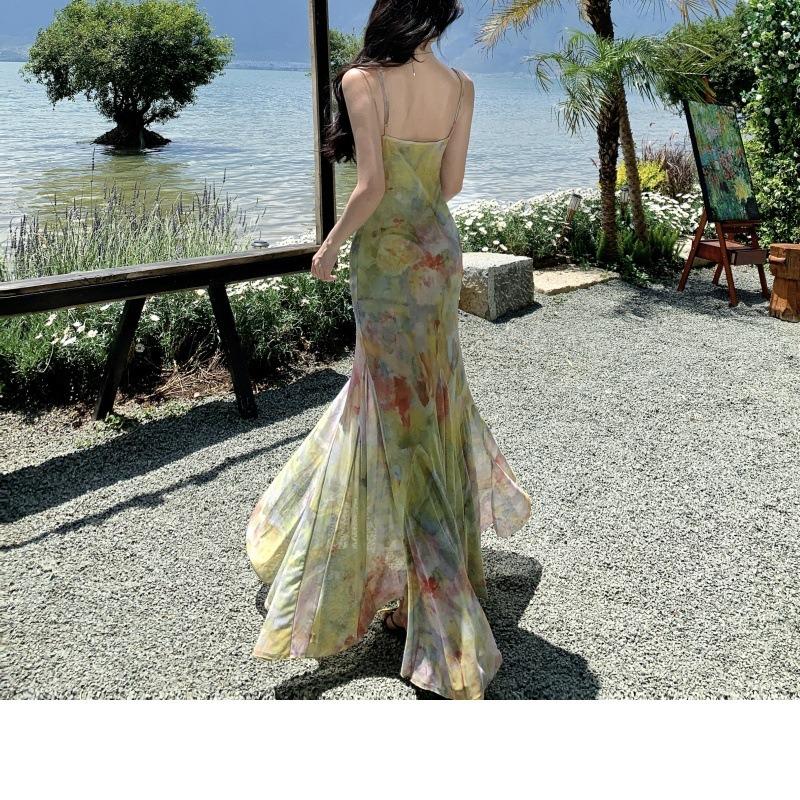 Seaside Vacation Smudge Elastic Mesh Waist Fishtail Suspender Dress Niche Long Dress Women