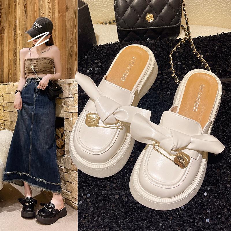

High heels women s autumn 2024 new Korean version bow thick-soled big head half drag outer wear bag head versatile single shoes 40