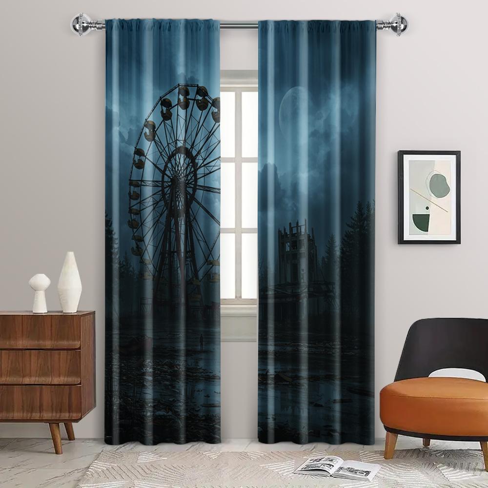 2pc   Window Curtains Gothic Style Skyscraper Durable 100% Polyester Fabric  Without Electricity Birthday Party for