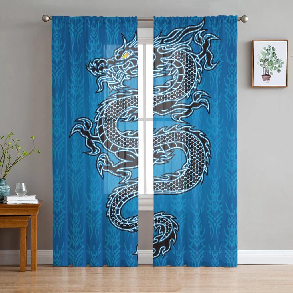Chinese Style Black Dragon Blue Tulle Sheer Window Curtains for Living Room the Bedroom Modern Voile Organza Curtains Drapes