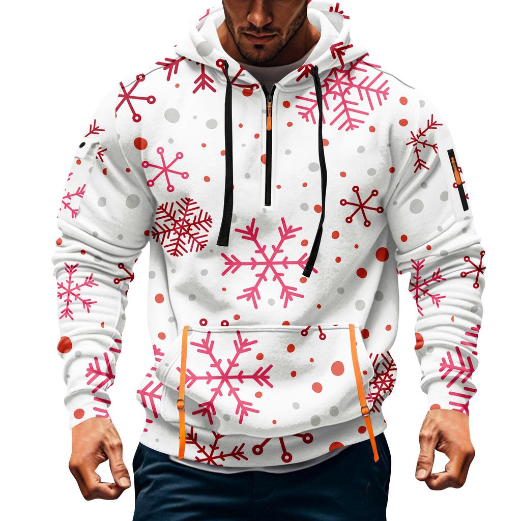 Sudadera deportiva casual de media cremallera con capucha y estampado navideño para hombre