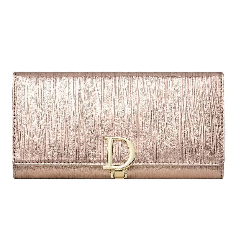 Women Long Wallet Genuine Leather Purse Striped Bifold Cowhide Money Bag Wrist Clutch