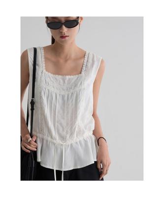 Lace Waist Ribbon Sleeveless Blouse White