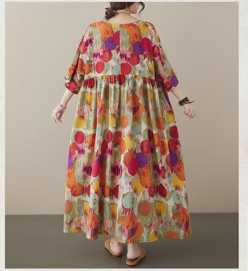 Boho dlhá sukňa letné šaty: Plus Size, Okrúhly výstrih, Krátky rukáv, pre ženy stredného a staršieho veku.