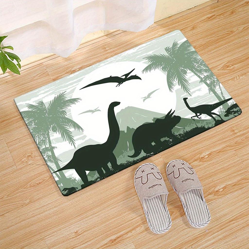 1pc Dinosaur Pattern Soft Floor Mat - Floor mat Crystal Velvet, Tropical Palm Tree & Mountain Design, Non-Slip & Durable Rug for
