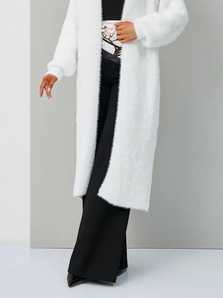 Women's White Imitation Mink Knit Cardigan Coat - Fluffy, Loose, Long, Perfect for Autumn and Winter