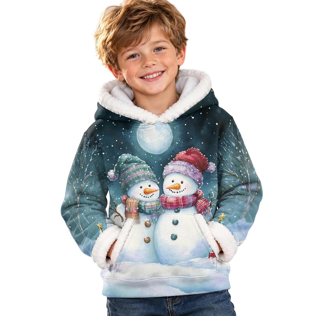 Kids Long Sleeve Christmas Print Casual Fashion Hooded Top