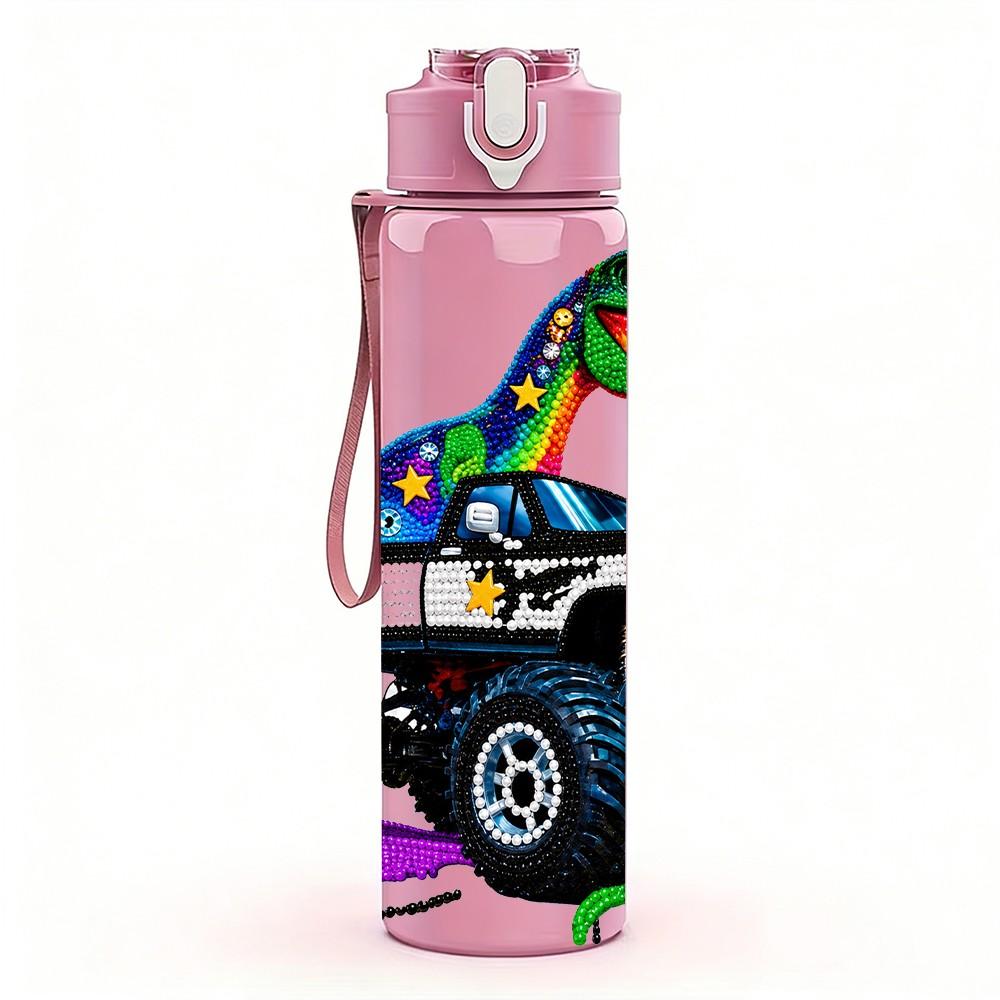 1PC Dinosaur Off Road Truck 750ml Color Plastic Sports Water Bottle Leakproof Flip Straw Lid Suitable for Sports Office Home Use