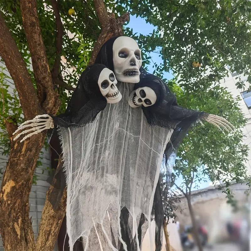 Large Hanging Three Head Skull Ghost Halloween Haunted House Decoration Gauze Prop Spooky Doorway Horror Suspended Ornament