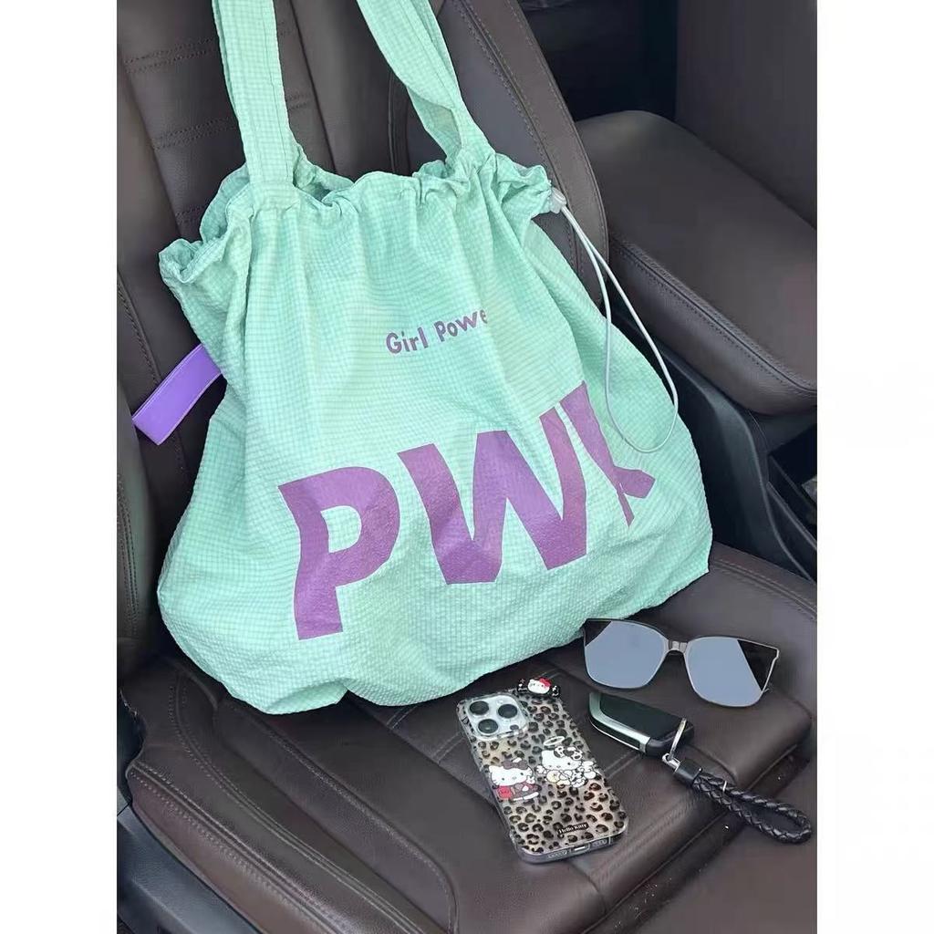 Lazy wind bag women's drawstring large capacity portable shoulder bag letter out shopping bag tote bag