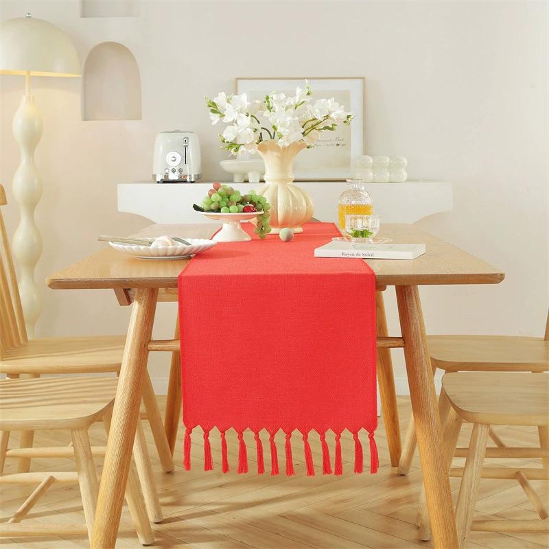 Tassel Table Runner, Linen Blend Rustic Farmhouse Style Kitchen Table Decoration Holiday Wedding Party Dinning Decor