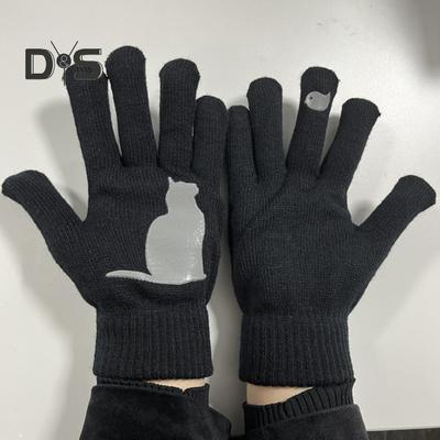 1 Pair Winter Knitted Gloves Thick Plush Solid Color Cat And Bird Printing High Elasticity Windproof Keep Warm Cycling Gloves