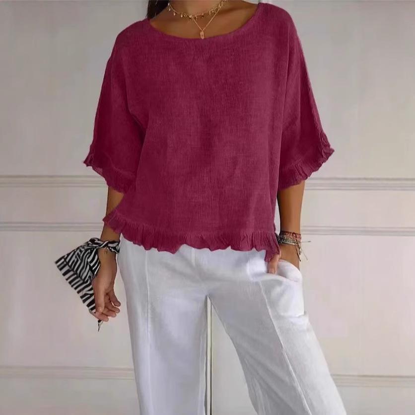 2025 Women's Cotton Linen Loose Fit Short Sleeve Shirt - European & American Style