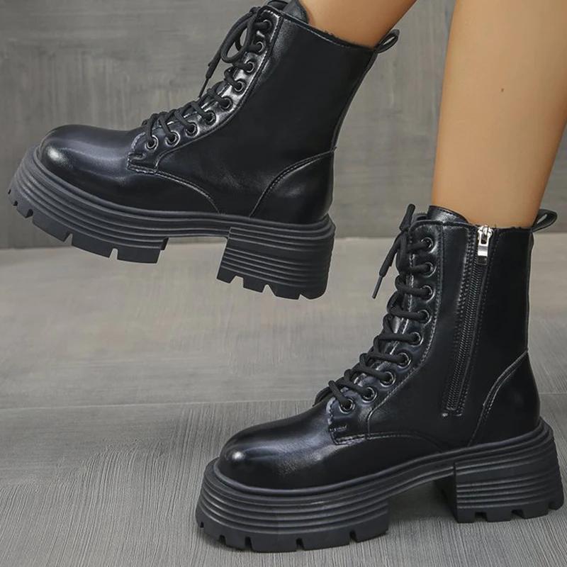 Fashion 2025 Autumn Winter Black Platform Boots Women Fashion Lace Up Zipper Ankle Boots Woman Punk Thick Heel Pu Leather Botas Mujer