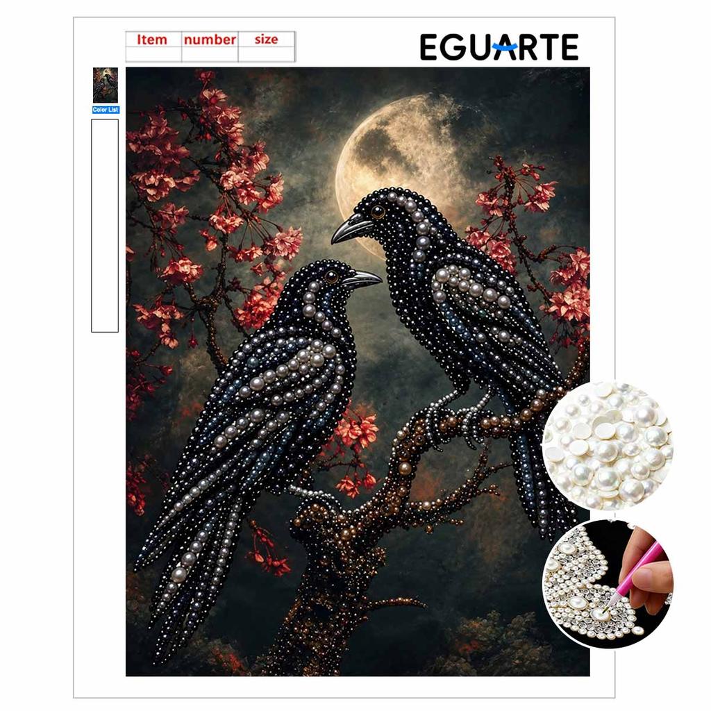 Moonlit Crow Couple Pearl Painting Kit with Frame Sparkling Bead Canvas Romantic Handmade Wall Decor Gift for Women DIY Craft Art Project