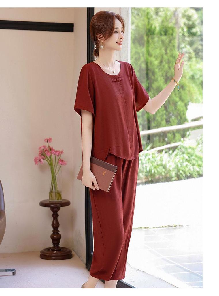 Plus Size Summer Two-Piece Set for Mothers - Loose, Short Sleeve, National Style Fashion for Middle-Aged & Elderly Women