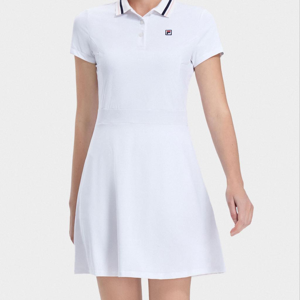 FILA Solid Color Waist-Defining Tennis Polo Dress Women Dresses Jade-White A11W323307F-WT