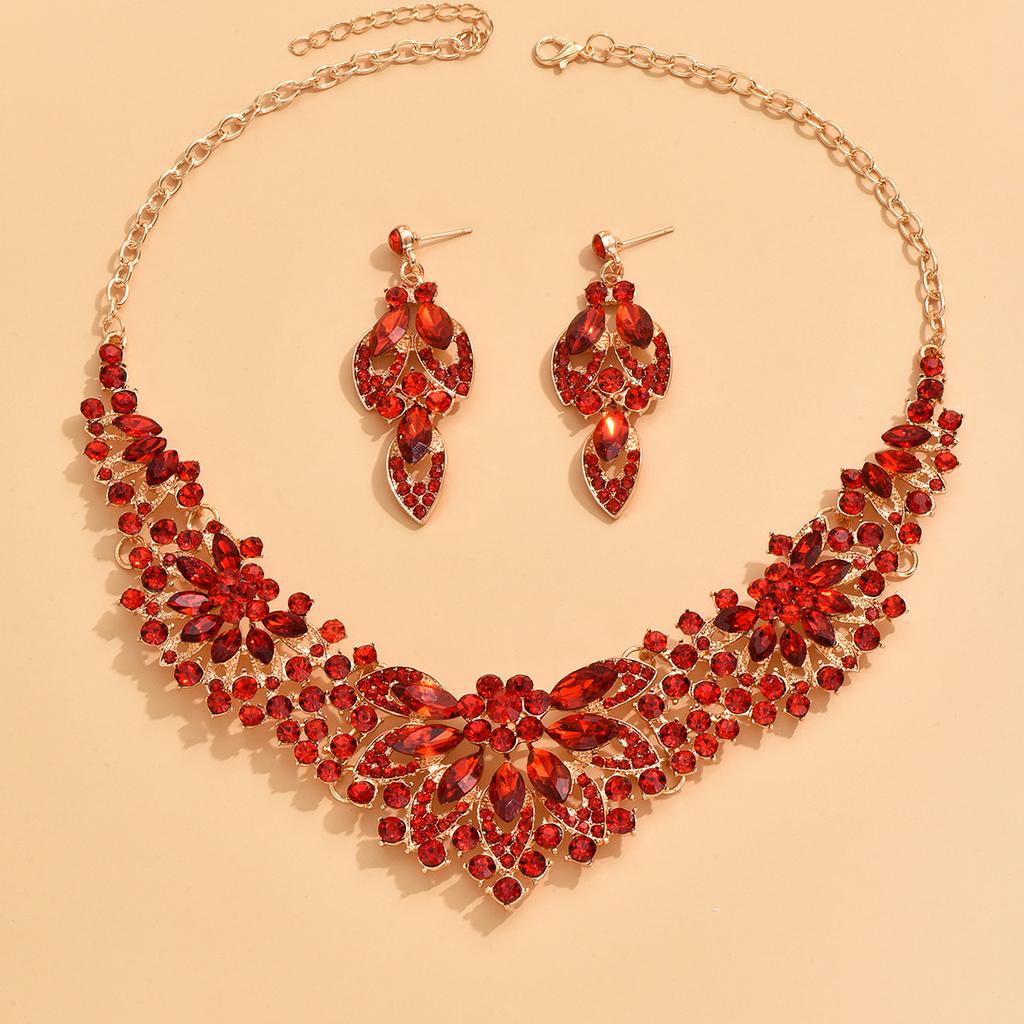 Vintage Necklace Earrings Set Women Leaves Flowers Rhinestone Bridal Accessories