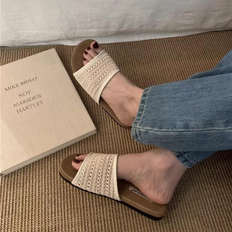 One Word Cool Slippers Women's Shoes 2025 Summer Korean Version Lazy Wind Woven Bohemian Vacation Cool Slippers Women's Shoes