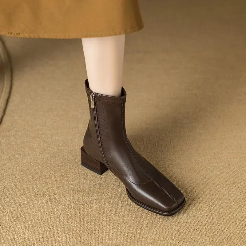 Damen Stiefeletten mit quadratischer Zehenpartie, Flock-Stretch-Schuhe, dünne, mittelhohe Absätze, Schwarz/Braun/Beige, Reißverschluss hinten, Sockenstiefel, Damengröße 34–40