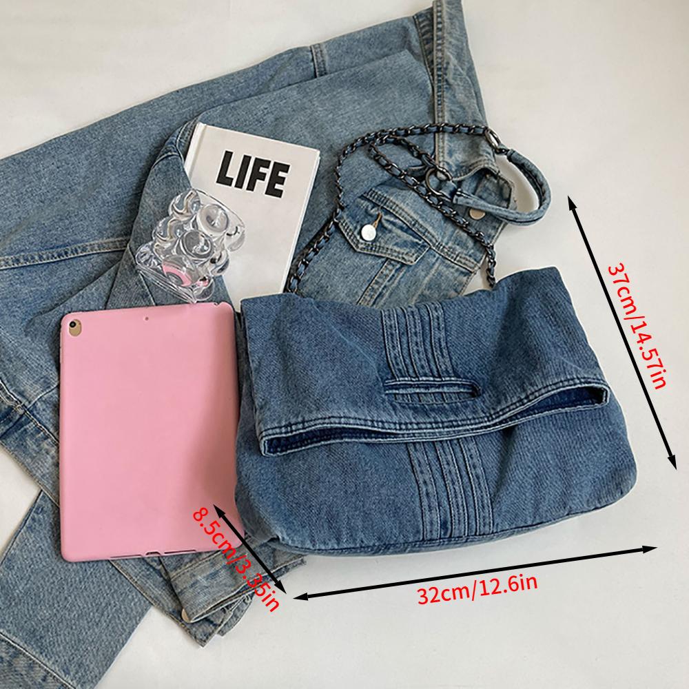 Retro Style Denim Chain Shoulder Bag, Dual-purpose Commuting Crossbody Bag for Women, Large Capacity Fashionable Tote Bag.zwq