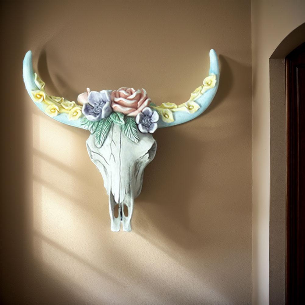 Retro Flower Cow Skull Ornaments Resin Bull Head Figurines Art Craft White Ox Head Miniature Ornament for Bar Hotel Living Room