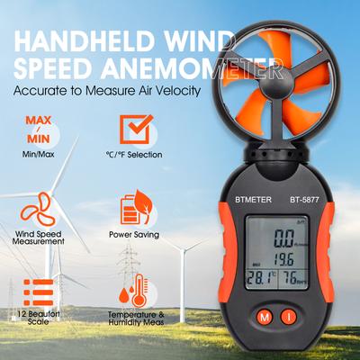  Portable Digital Anemometer, BT-5877 Orange Wind Foliage, Speed Detection Range Mph 1~65, For Meteorological Monitoring
