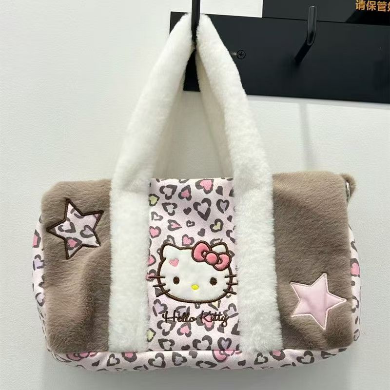 

New Kitty Leopard Print Plush Handbag Large Capacity Canvas Handbag Girl Tote Handbag Sweet Cool Girly Style Shoulder Bag