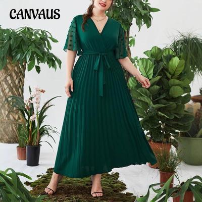 Büyük Beden Kadın Elbise Yaz Yeni V Yaka Kısa Kollu Slim Fit Mizaç Bel Uzun Elbise